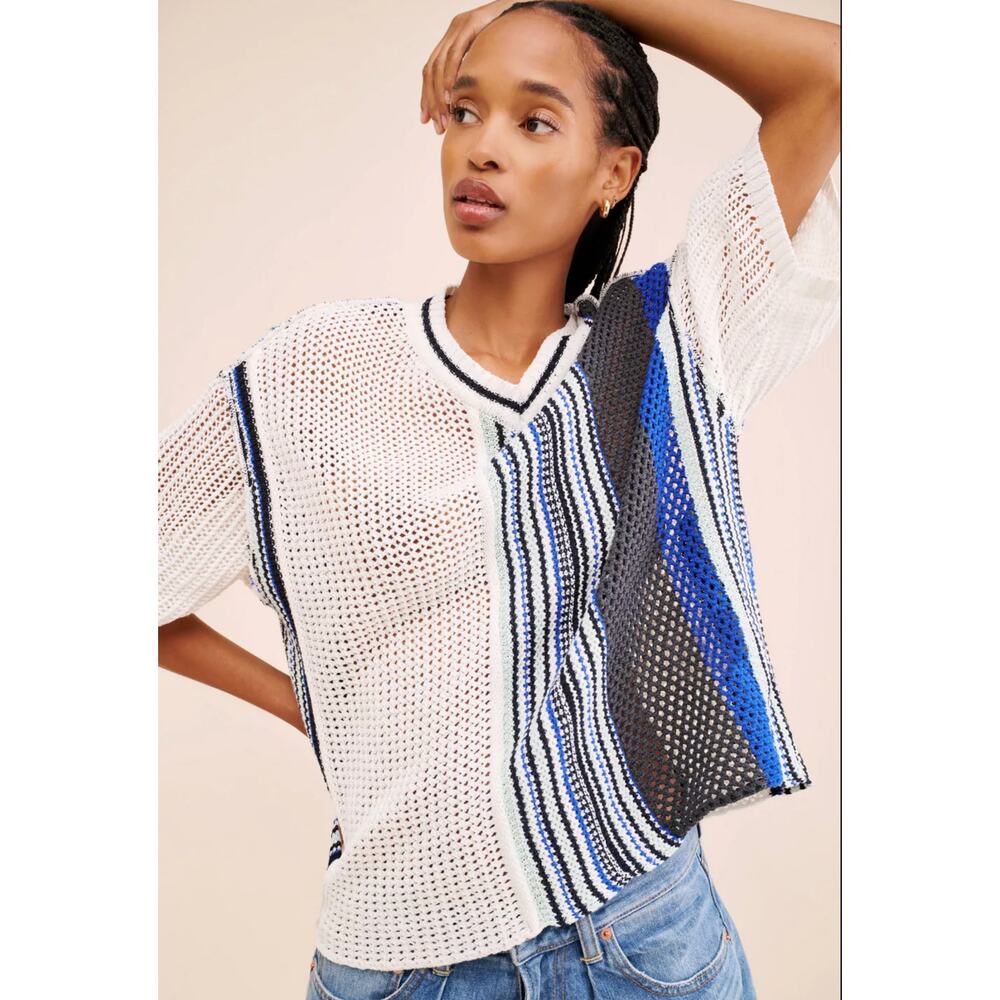 BDG Domino Sweater Tee Womens L Crochet‎ Knit Boxy Oversized Comfort Striped NWT